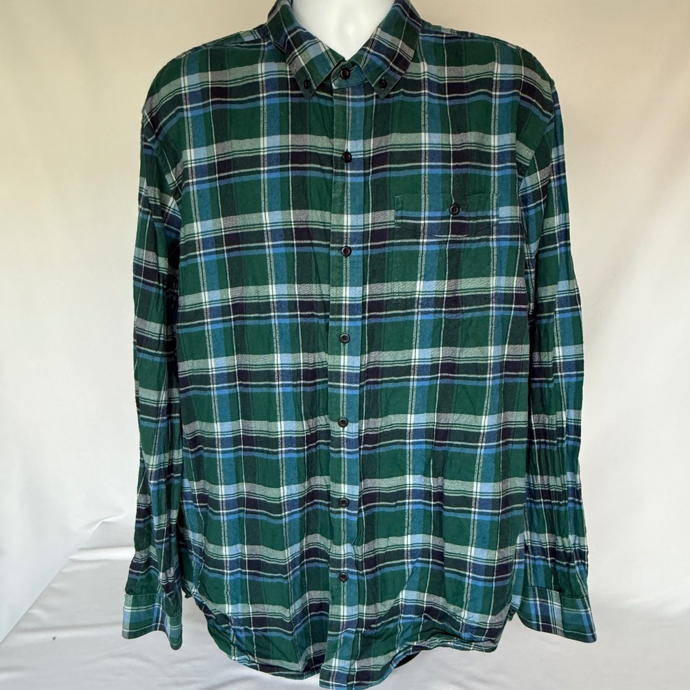LL Bean Mens XL Green Blue Plaid Flannel Shirt Slightly Fitted Cotton XL 294213